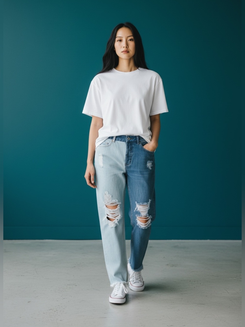 Two-Tone Distressed Women's Jeans - Light & Dark Blue